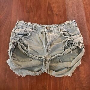 One Teaspoon Distressed Sage Green Denim Cutoff Shorts